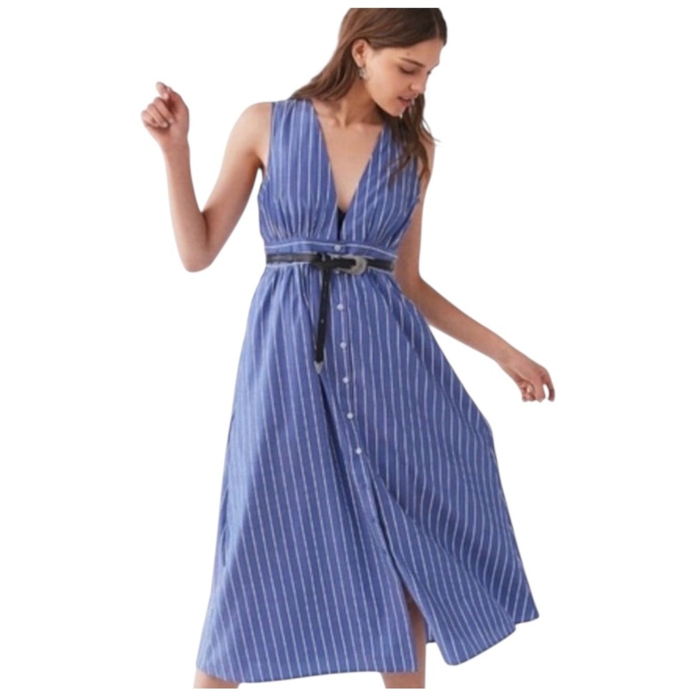 Urban Outfitters Blue White Striped‎ Sleeveless Button Front Maxi Dress Womens L